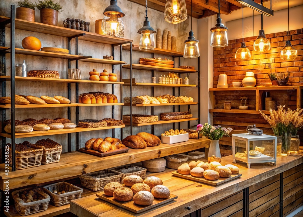 Warmly lit interior of a cozy bakery shop with rustic wooden shelves, vintage baking utensils, and delicious pastries on display, conveying a sense of small business pride. Warmly lit interior of a cozy bakery shop with rustic wooden shelves, vintage baking utensils, and delicious pastries on display, conveying a sense of small business pride.