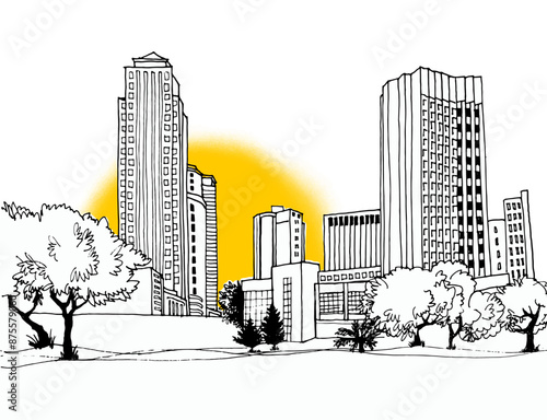 Urban modern landscape. Hand drawn line sketch. Vector illustration. Sunshine background