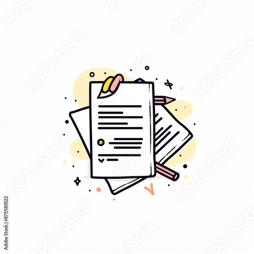 Illustration of documents with text and a pencil, representing paperwork and writing. Ideal for business and educational concepts. photo