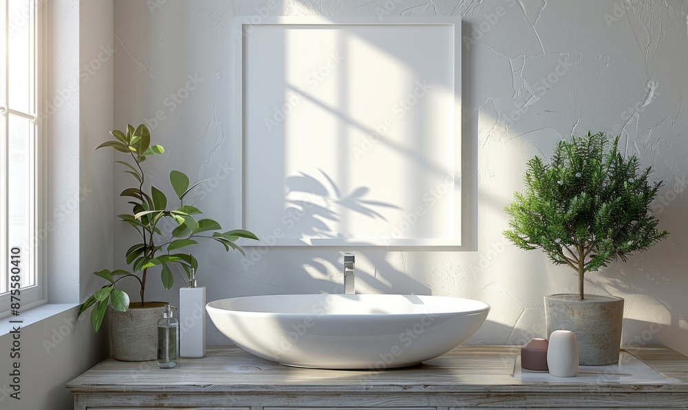 Bright bathroom with an empty frame above the sink Bright bathroom with an empty frame above the sink