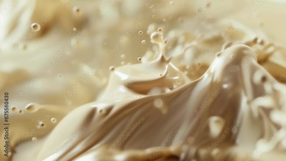 A detailed close-up of a creamy liquid splash, capturing droplets and swirling motion. The dynamic action suggests a rich, viscous texture. The mood is lively and vibrant with a focus on the fluid's A detailed close-up of a creamy liquid splash, capturing droplets and swirling motion. The dynamic action suggests a rich, viscous texture. The mood is lively and vibrant with a focus on the fluid's