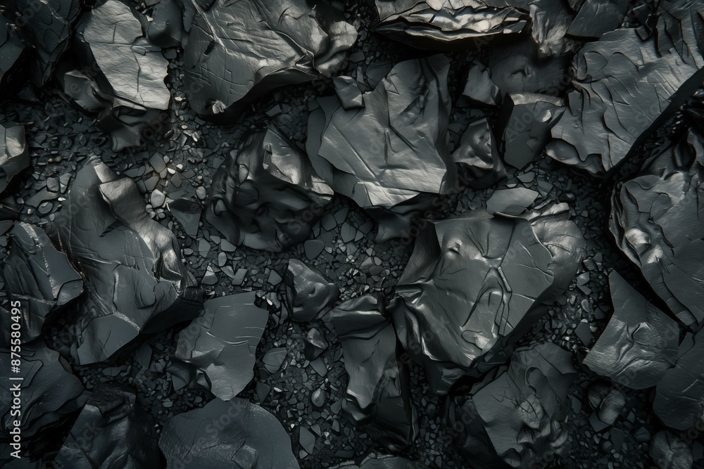 Close-up of crushed black ore stones lying on black stone crumbs Close-up of crushed black ore stones lying on black stone crumbs