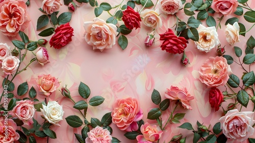 Rose pattern in multi-color, red rose, pink rose in flower bouquet for background and wallpaper with soft pink paper background. 