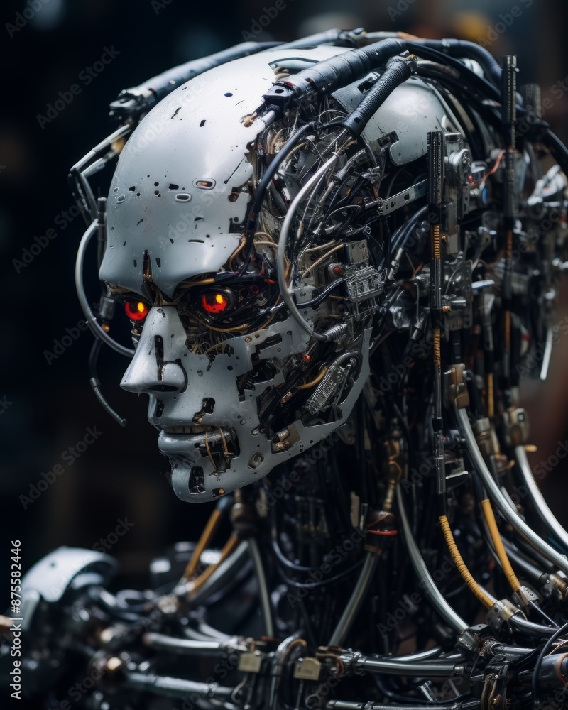 a close up of a robot with red eyes a close up of a robot with red eyes
