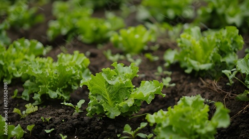 Organic fresh lettuces are growing in vegetable garden. 