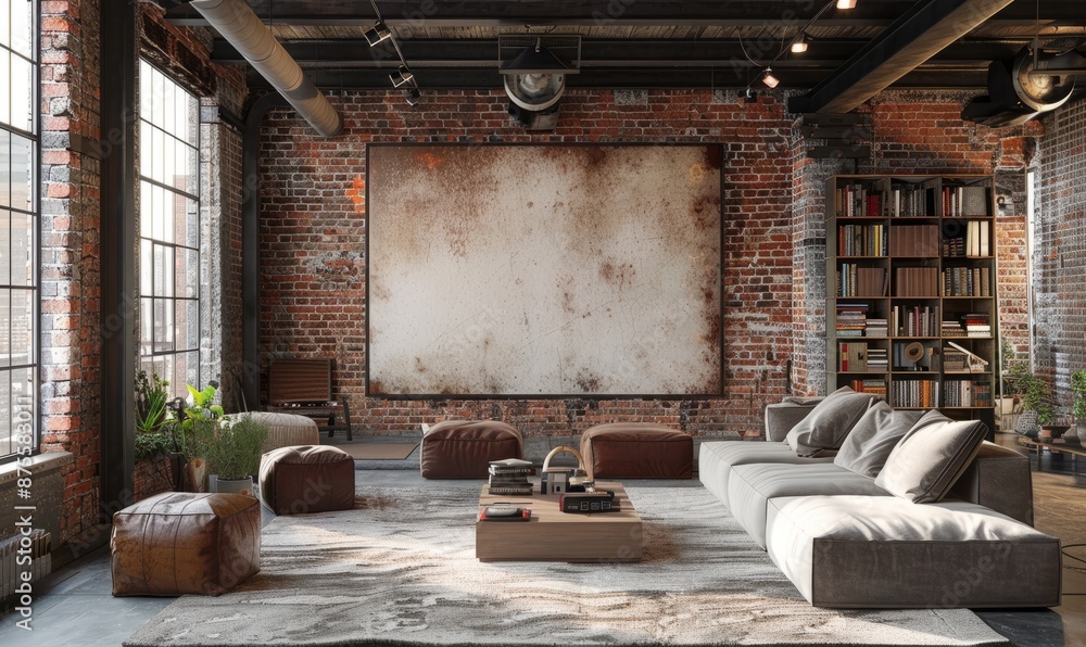 Industrial living room with a blank canvas on the wall Industrial living room with a blank canvas on the wall