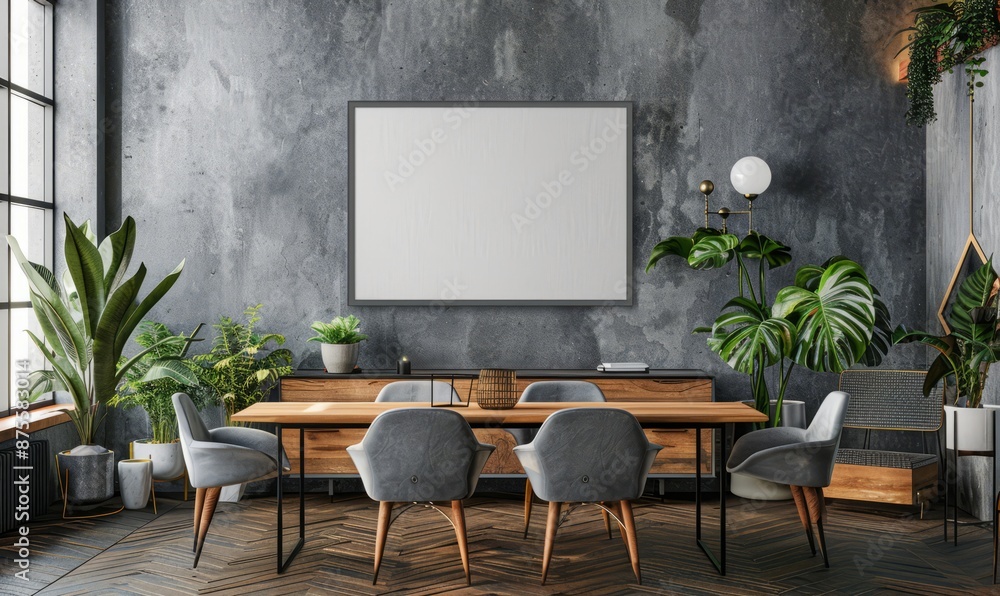 Modern dining room with an empty frame on the sideboard Modern dining room with an empty frame on the sideboard
