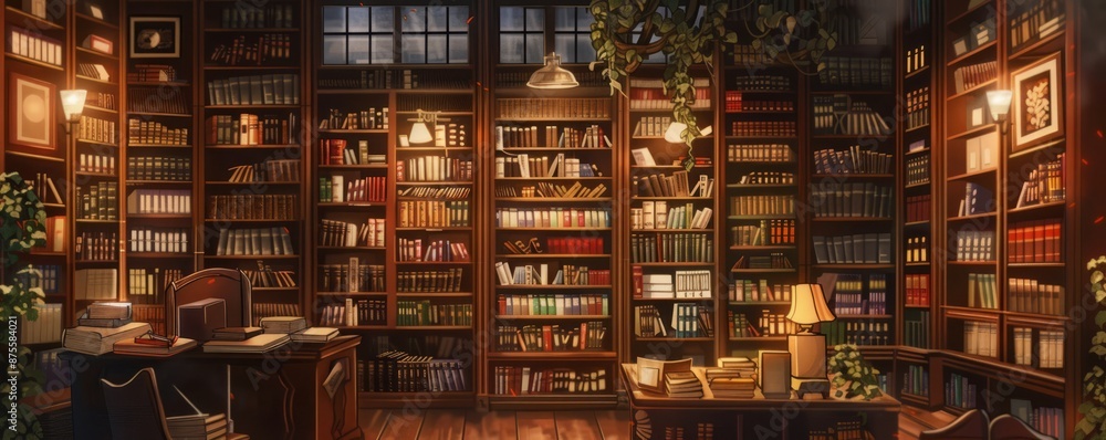 A cozy bookstore with shelves of books. Realistic. A cozy bookstore with shelves of books. Realistic.
