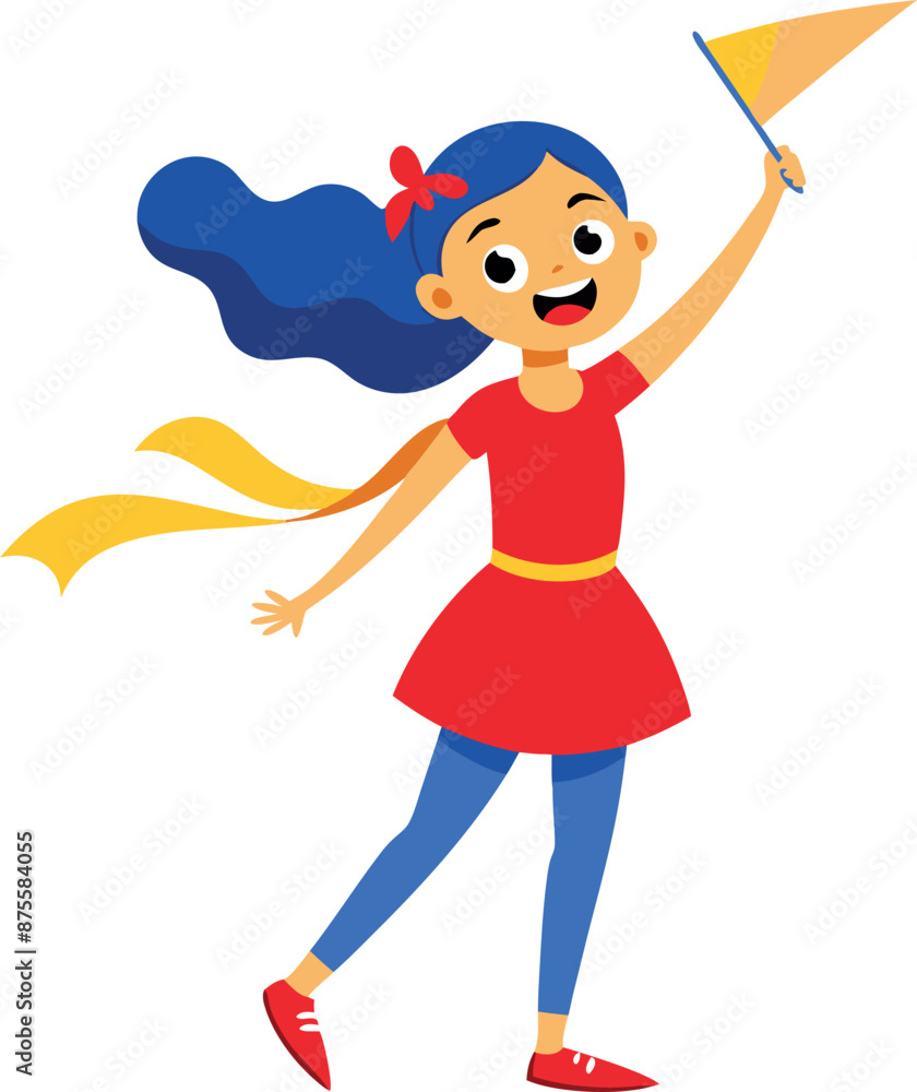 Happy Girl Waving Flag in Red Dress Illustration Happy Girl Waving Flag in Red Dress Illustration
