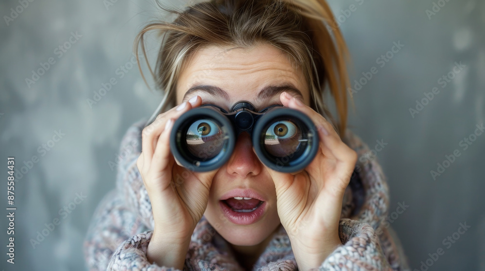 A woman with long blonde hair is looking through binoculars A woman with long blonde hair is looking through binoculars