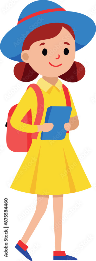 Cartoon Girl with Backpack and Hat Holding Tablet Cartoon Girl with Backpack and Hat Holding Tablet