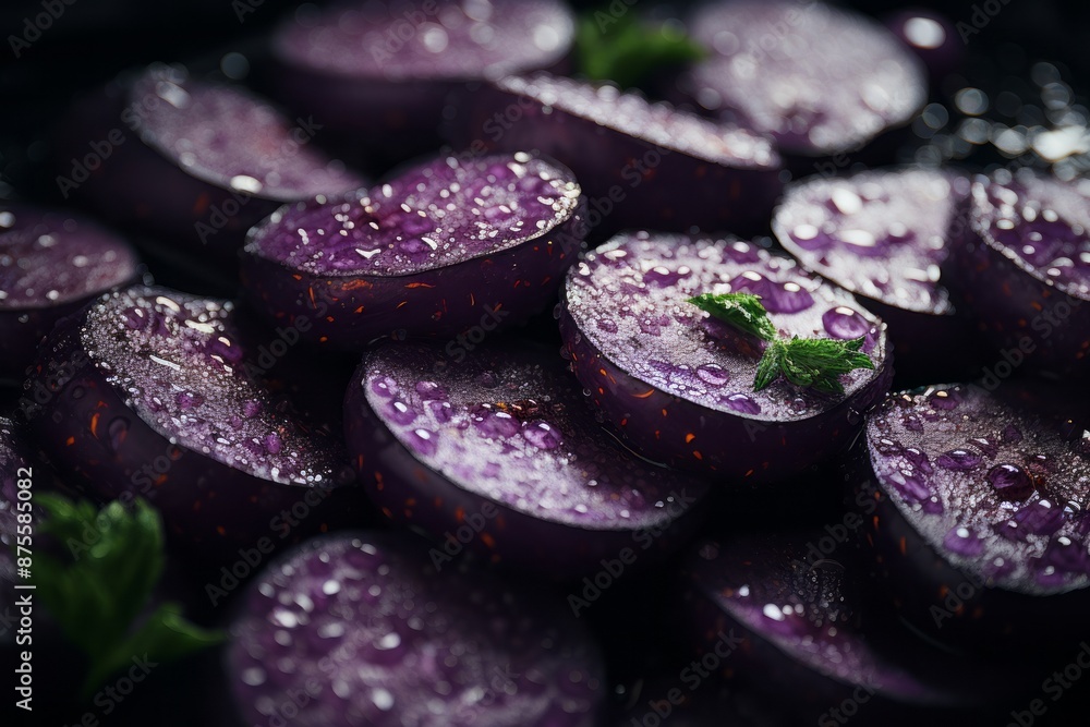 a close up of purple potatoes with water droplets on them a close up of purple potatoes with water droplets on them