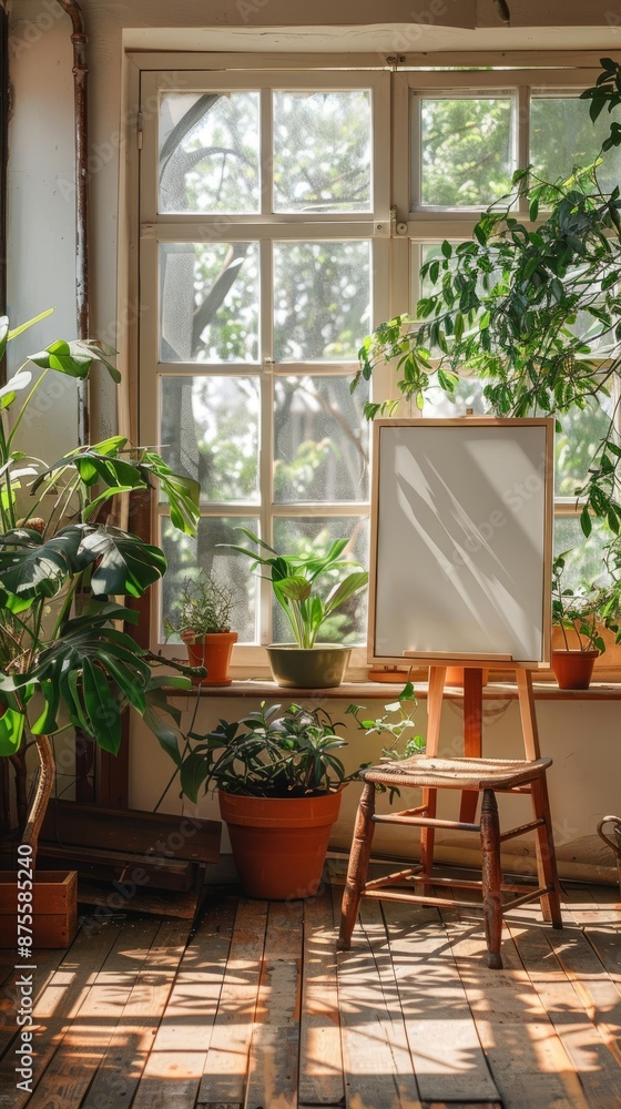 Bright sunroom with a blank canvas against the window Bright sunroom with a blank canvas against the window