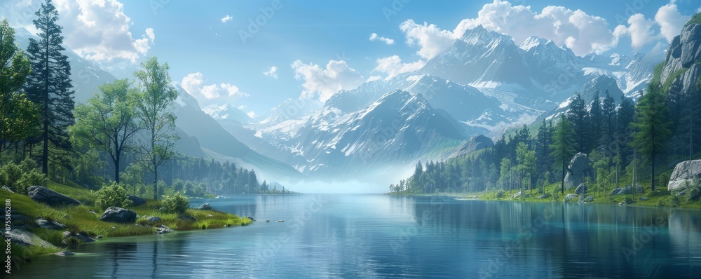 Naklejka premium A tranquil mountain lake with breathtaking scenery. Realistic.