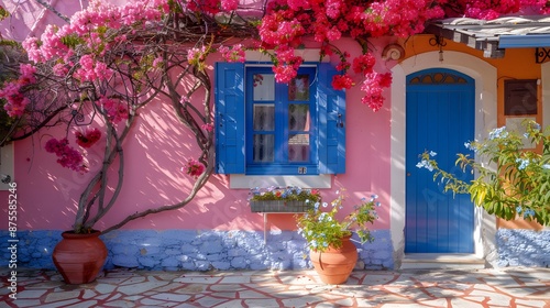 Fototapeta Naklejka Na Ścianę i Meble -  花のあるピンクと青の家