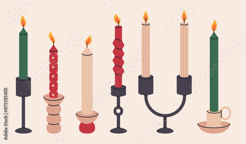 Xmas decor candles. Christmas wax scented candle in candlestick, winter holidays burning candles with Christmas decorations flat vector illustration set. Aroma taper candles