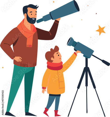 Father And Child Stargazing With Telescopes Outdoors