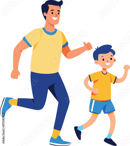 Father And Son Running Together Outdoors in Vector Illustration