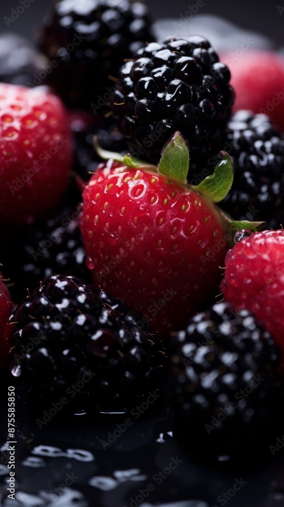 a close up of strawberries and blackberries on a black surface a close up of strawberries and blackberries on a black surface
