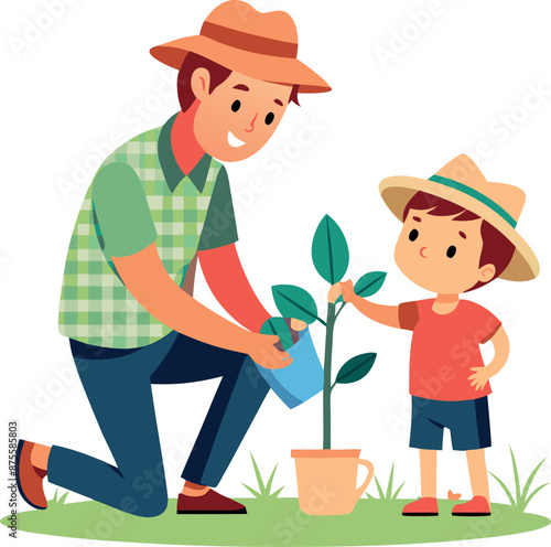 Father and Son Gardening Together Outdoors