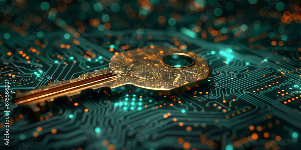 Obraz premium Key icon on digital circuit board background. Digital security and data protection concept. 