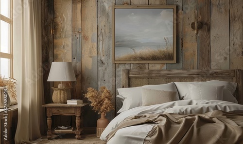 Rustic bedroom with a mockup canvas on the nightstand