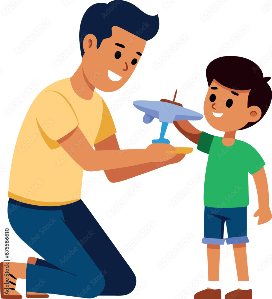 Father and Son Playing with Toy Airplane Together Father and Son Playing with Toy Airplane Together