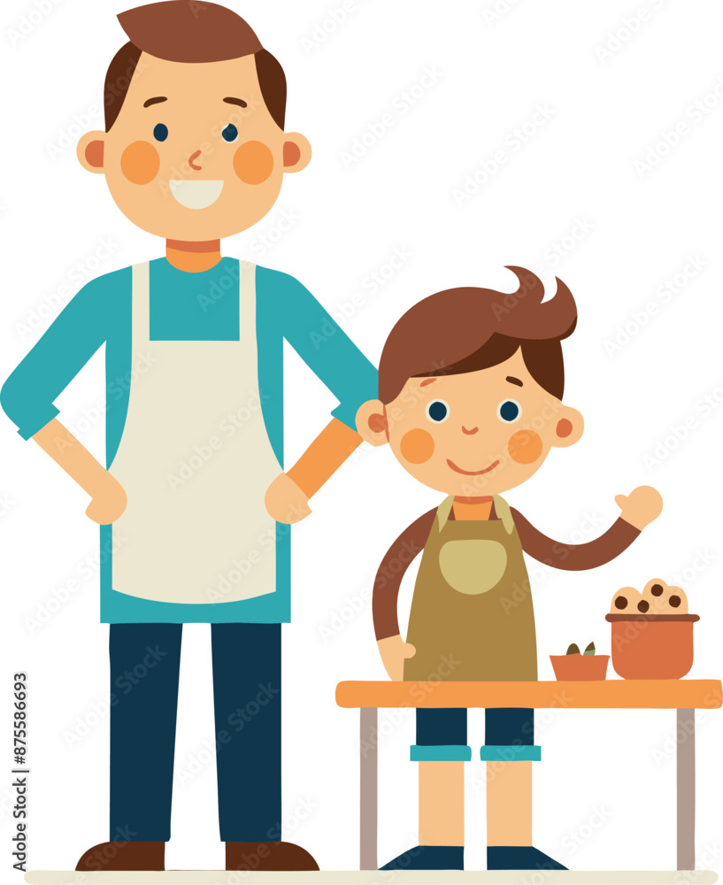 Father and Son Cooking Together in Kitchen Illustration Father and Son Cooking Together in Kitchen Illustration