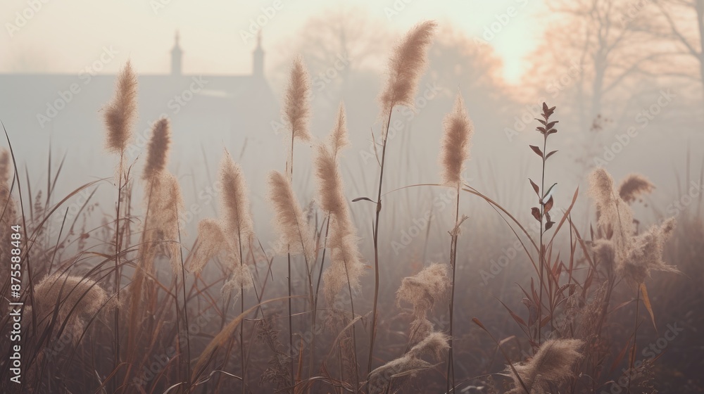 Obraz premium a field of tall grasses in front of a house