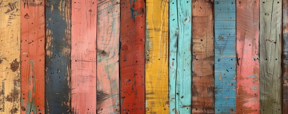 Painted distressed wood in bold colors Painted distressed wood in bold colors