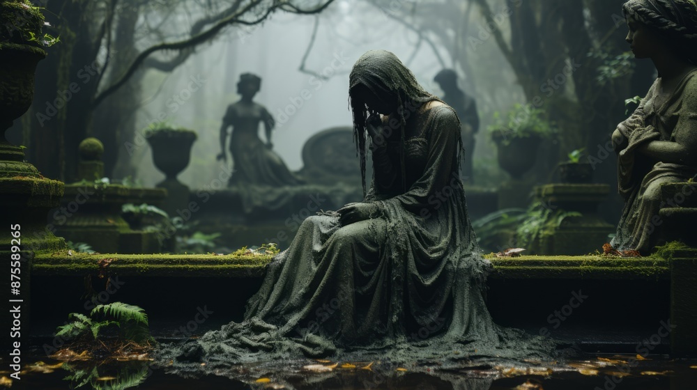 a gothic woman sitting on a stone bench in the middle of a forest a gothic woman sitting on a stone bench in the middle of a forest