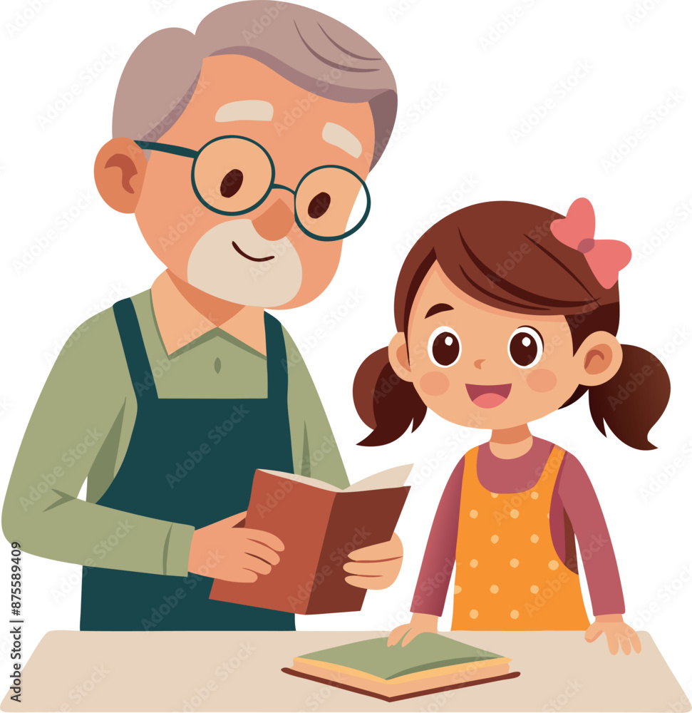 Grandfather Reading Storybook to Happy Granddaughter at Home Grandfather Reading Storybook to Happy Granddaughter at Home