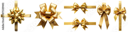 Gold ribbon and bow top view on transparent background PNG file