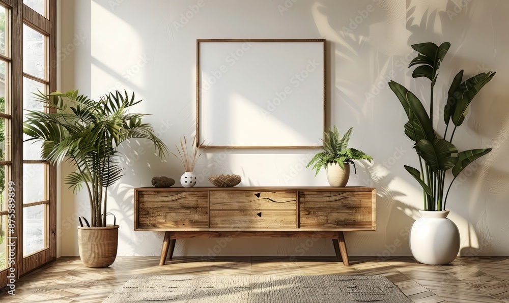 Minimalist bedroom with a mockup canvas on the dresser Minimalist bedroom with a mockup canvas on the dresser