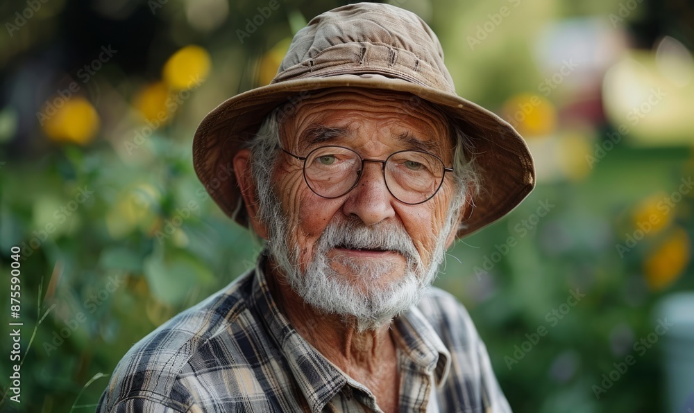 Elderly man with a gardening hat, looking content Elderly man with a gardening hat, looking content