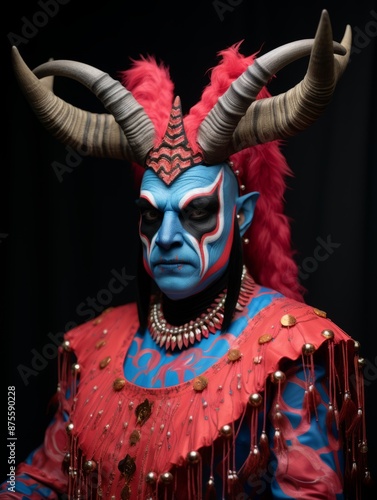 a man dressed in blue and red with horns on his head