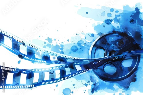 Cinema film strip background vector design of a curved blue and white film tape on dark gradient background. Design element for movie poster, flyer, banner or cover template