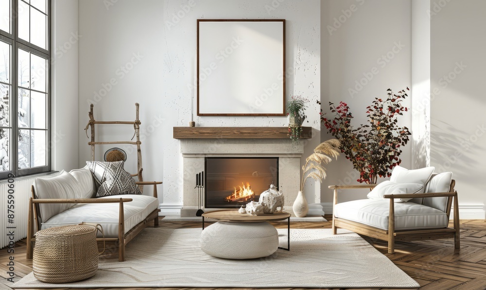 Serene living room with a blank frame above the fireplace Serene living room with a blank frame above the fireplace