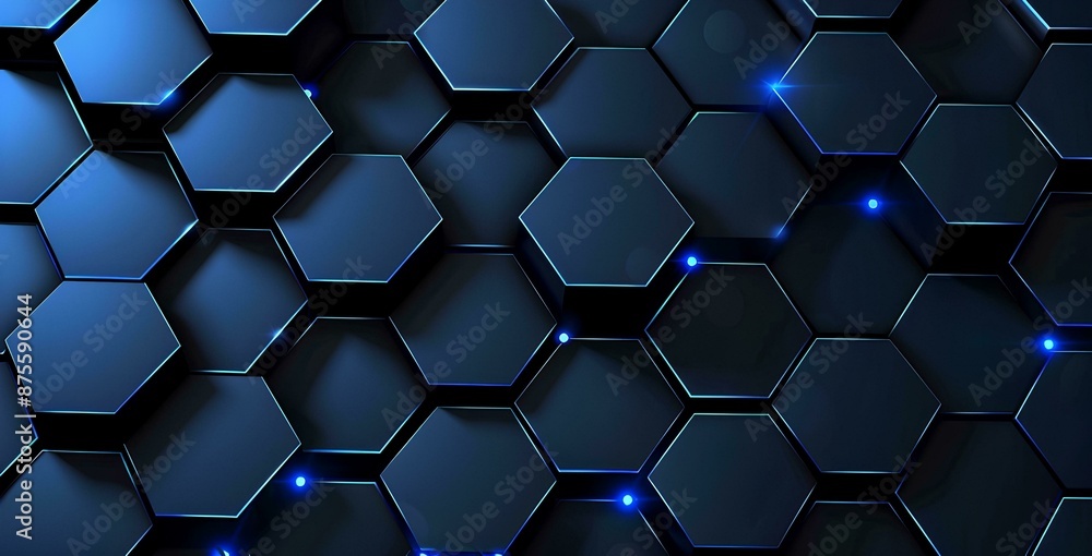 Abstract blue glowing hexagon background vector presentation design with space for text, technology concept template black background Abstract blue glowing hexagon background vector presentation design with space for text, technology concept template black background