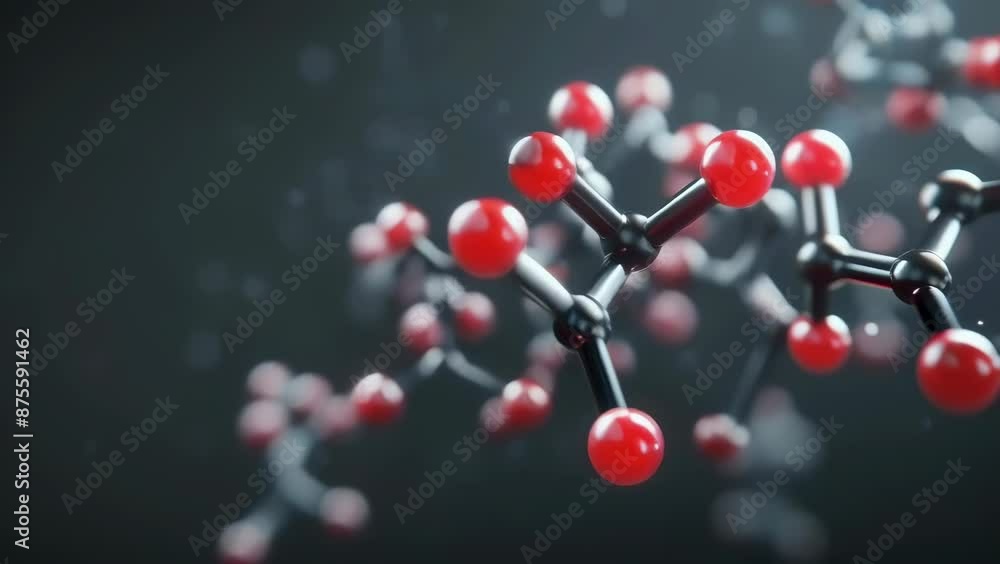 Highlighting a detailed molecular structure, this visual features black and red atoms connected by bonds against a dark background. The atoms appear to float, adding a sense of three-dimensional Highlighting a detailed molecular structure, this visual features black and red atoms connected by bonds against a dark background. The atoms appear to float, adding a sense of three-dimensional