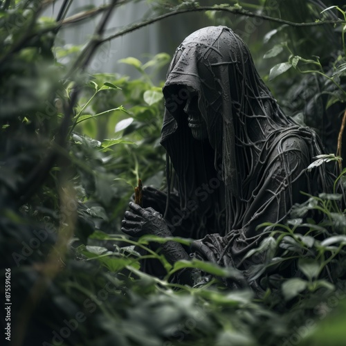 a person in a hood sitting in the middle of the forest
