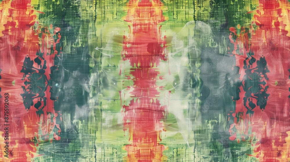 Unending backdrop with tie dye design in green and red ikat seamless motif splattered banner snow frost artwork knitted pattern with waves and lines on Indian rug Unending backdrop with tie dye design in green and red ikat seamless motif splattered banner snow frost artwork knitted pattern with waves and lines on Indian rug