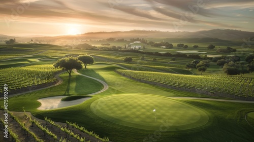 A tranquil golf course surrounded by rolling vineyards, Fairways winding through rows of grapevines under a sunset sky © Moenc
