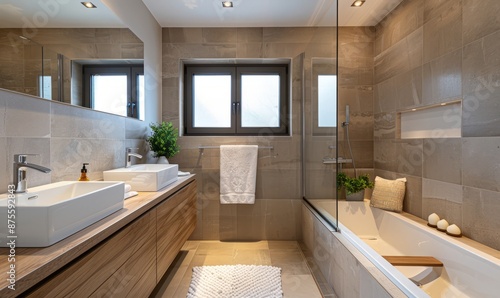 Stylish bathroom with an empty frame above the sink