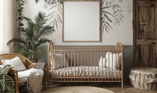 Stylish nursery with an empty picture frame above the crib