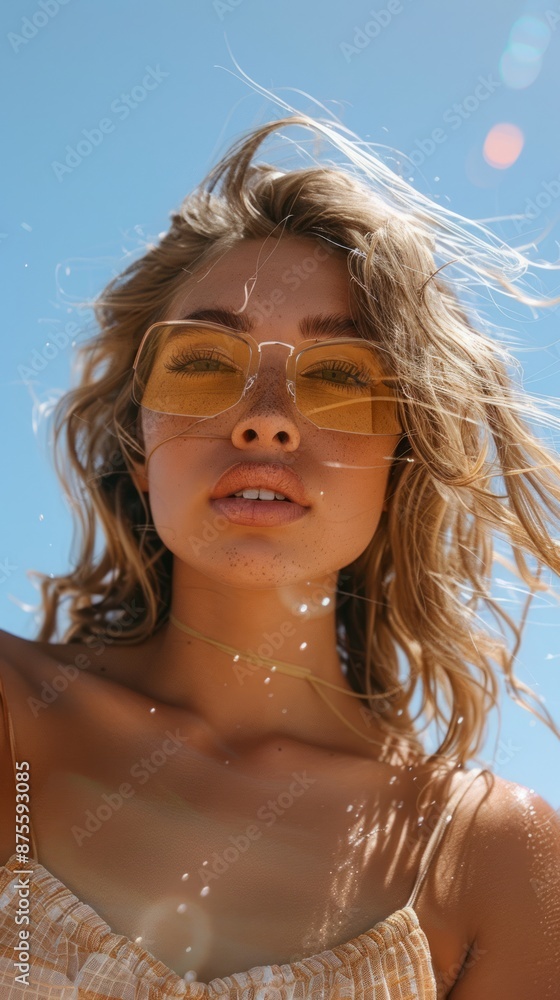 Australian woman with beachwear, looking sunny