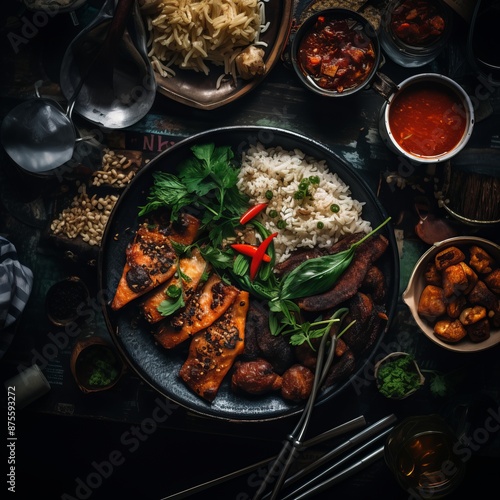 a plate of food with rice meat and vegetables on a wooden table