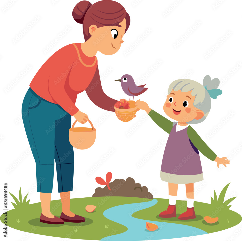 Mother And Daughter Feeding Bird Near Stream Illustration Mother And Daughter Feeding Bird Near Stream Illustration