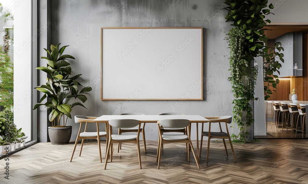 Bright dining room with a blank canvas on the wall Bright dining room with a blank canvas on the wall