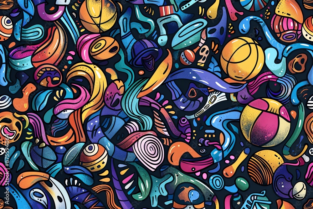 Imaginative cartoon doodle background with sports elements and patterns Imaginative cartoon doodle background with sports elements and patterns